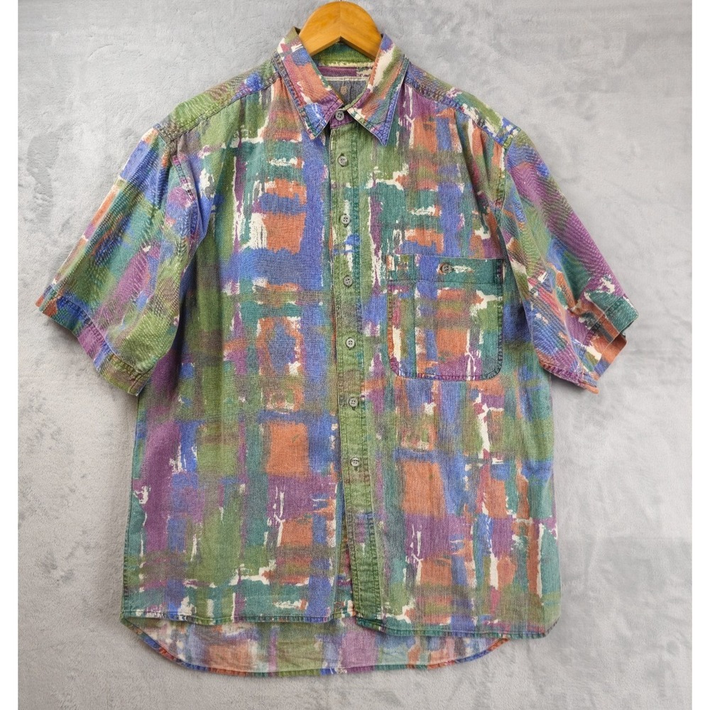 Vintage Pier Connection Shirt Men Medium Sun Fade Green Blue Geometric 90s Faded
